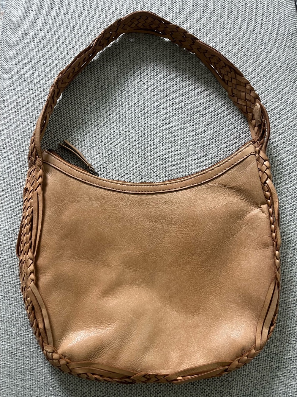 Genuine Leather Tan Braided-Accent Women’s Shoulder Bag